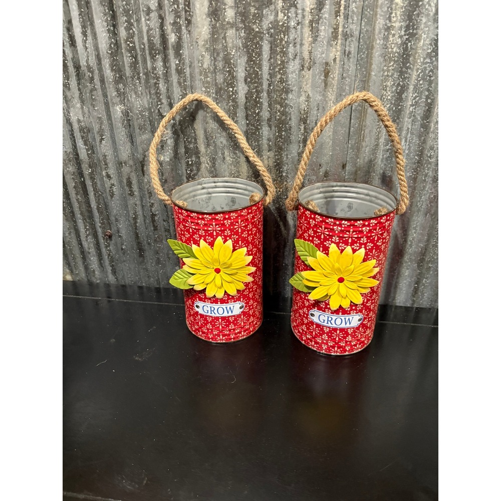 The Pioneer Woman, Summer Starburst Geo Tin Daisy "Grow" Bucket, Red, 8"